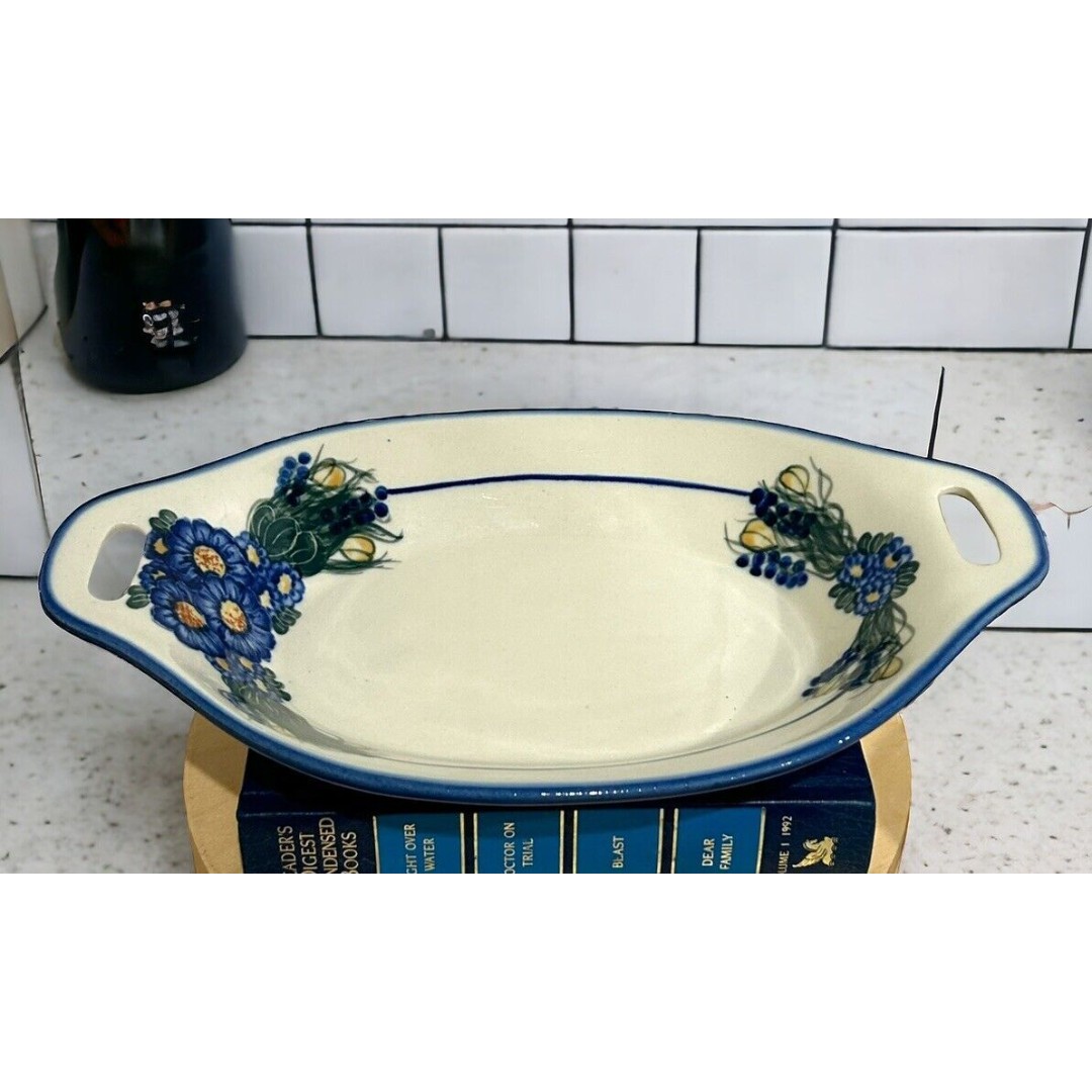 Vtg UNIKAT Polish Pottery W. R. Ceramika 12.5” Oval Server Handles Blue Florals