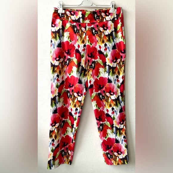 NEW Krazy Larry Colorful Poppy Flower Garden Print Pullon Stretch Ankle Pants 12