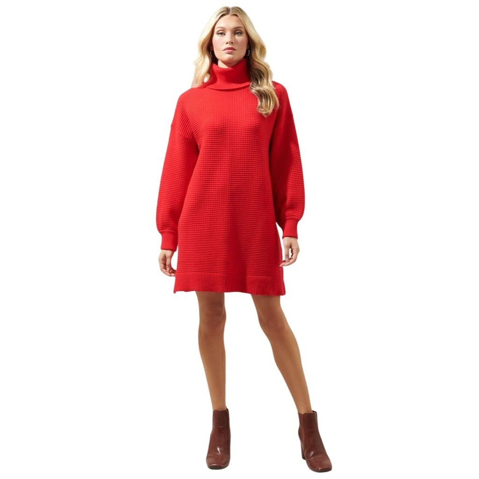 Sugarlips Red Waffle Knit Turtleneck Sweater Dress Knee Length XS Fall Winter