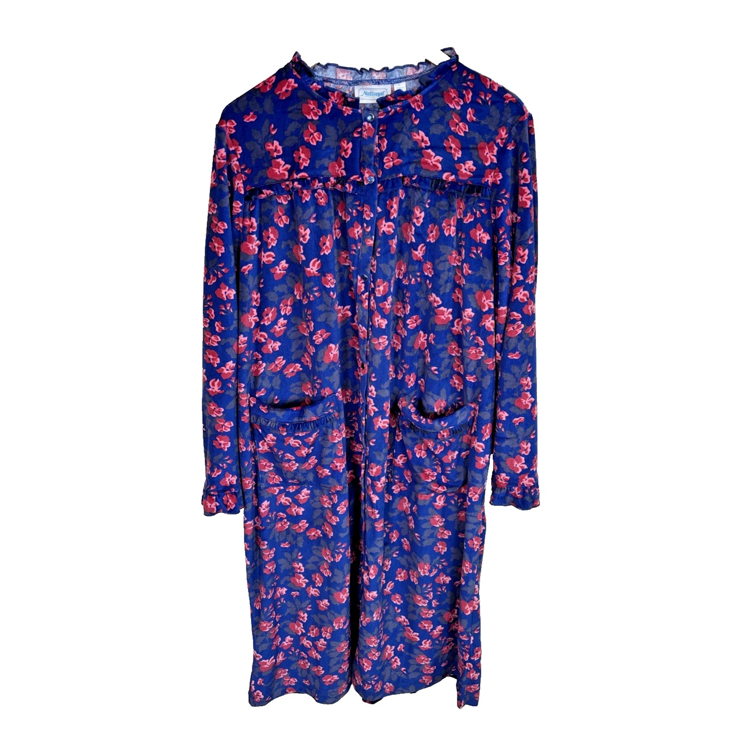 Vintage National Robe Size L Royal Blue Flroal Snap Front Velvet House Coat Rare