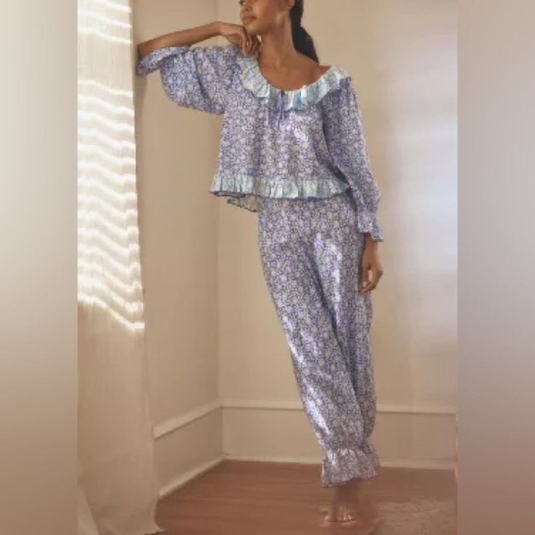 NWT Rixo Long Sleeve Bobbie Pajama Set Blue Motif Ruffle Cotton Size 2X