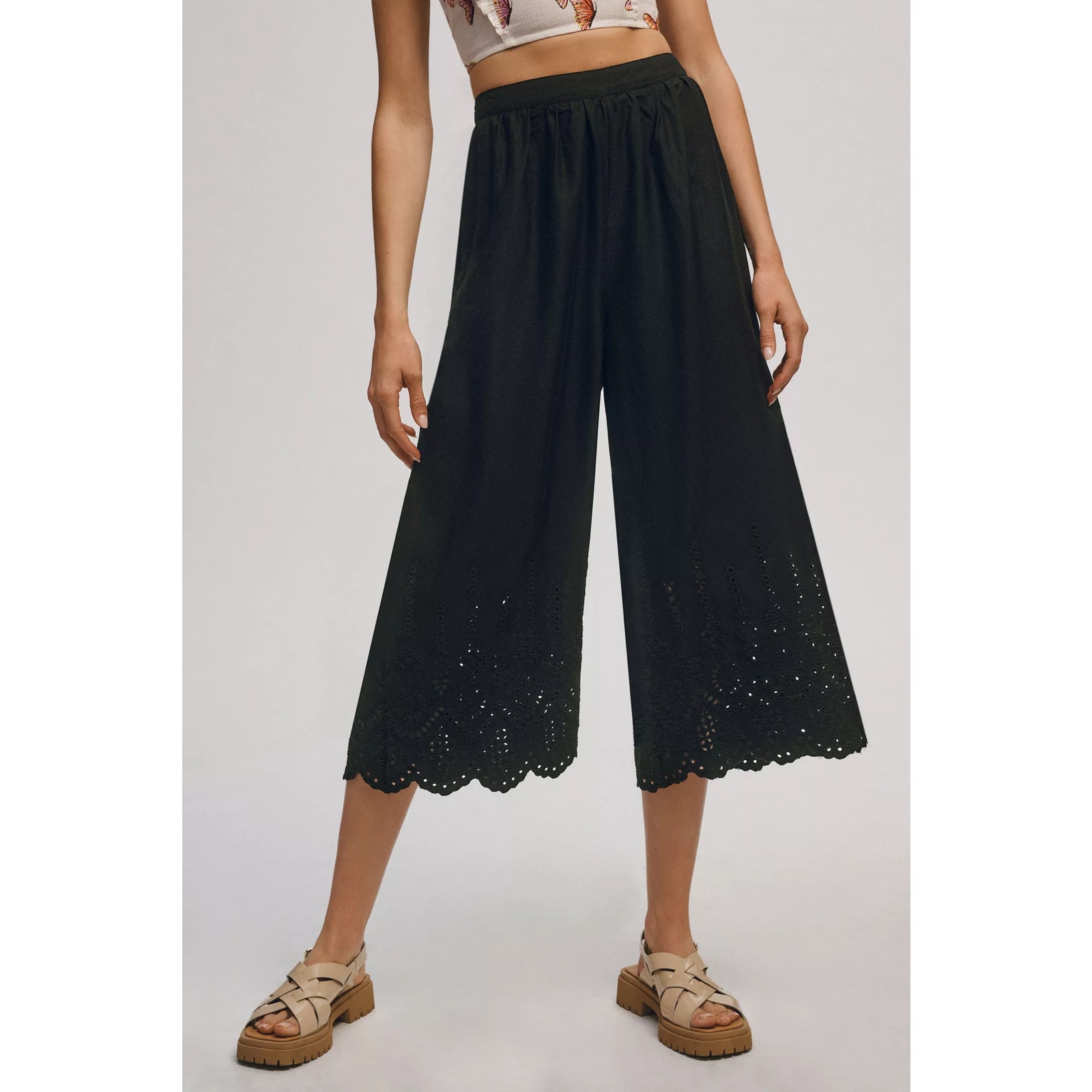 Anthropologie Wide Leg Eyelet Crop Pants Black Size 10