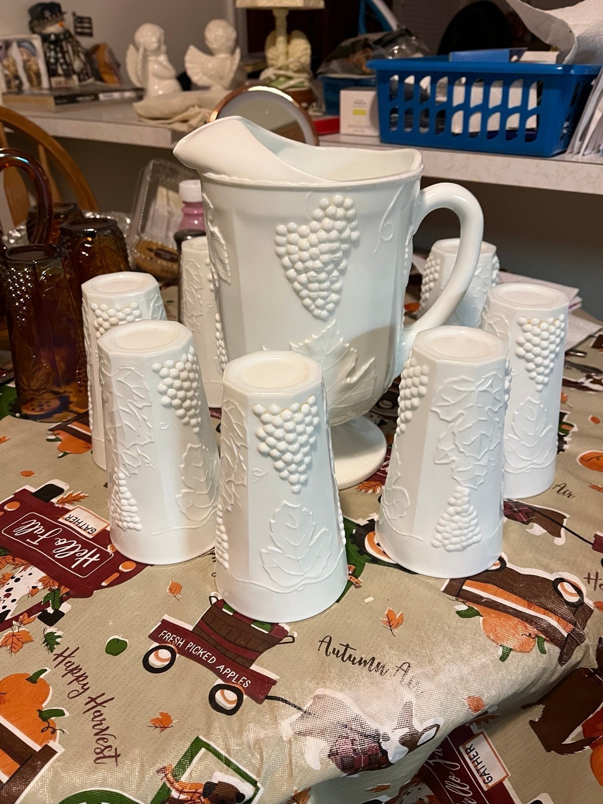 Milk Glass water pitcher & 6 glasses