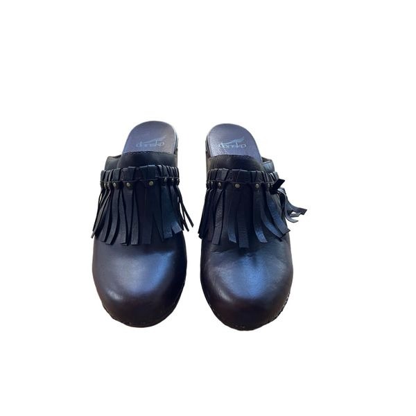 Dansko Womens Black Slip On Leather Fringe Studded Clogs Casual Shoes Size 39
