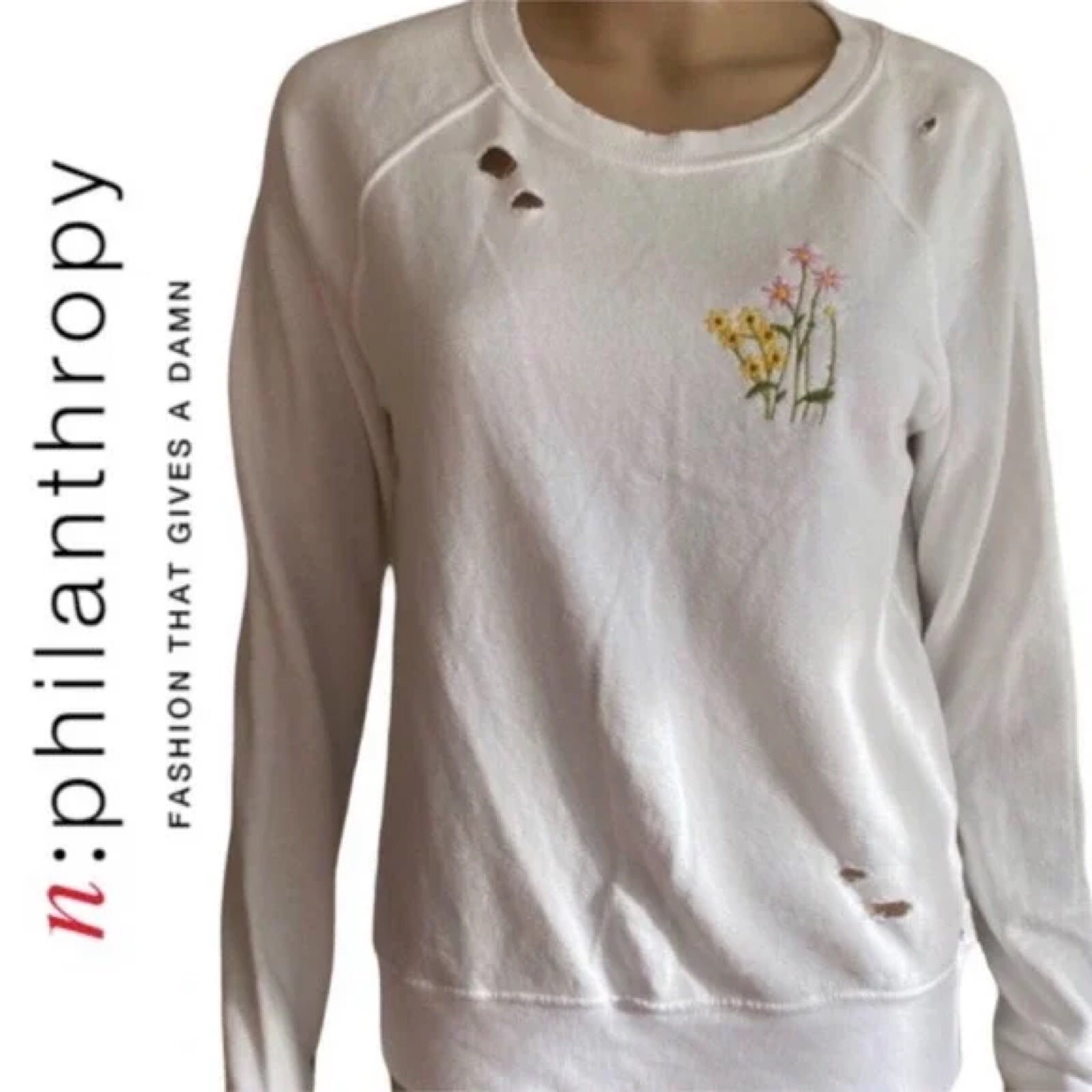 N:Philanthropy White Embroidered Floral Distressed Pullover Sweatshirt
