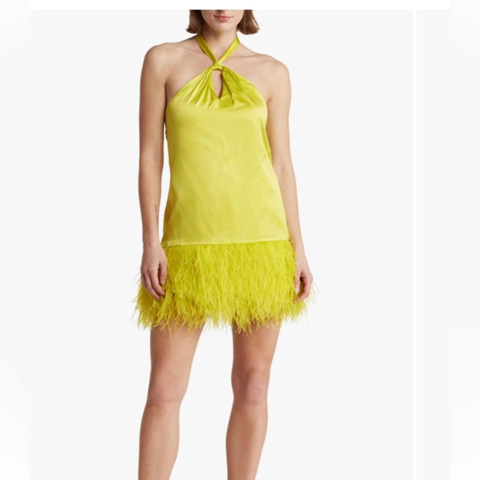 New Key Lime Green Cinq a Sept Barb Feather Hem Silk Halter Party Dress 8