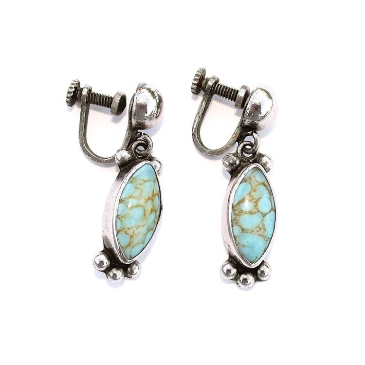 Vintage Turquoise Art Glass Sterling Silver Earrings Screw Back Clip On Mexican