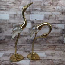 MCM Brass & Glass Blown Crane Heron Stork Sculptures Pair