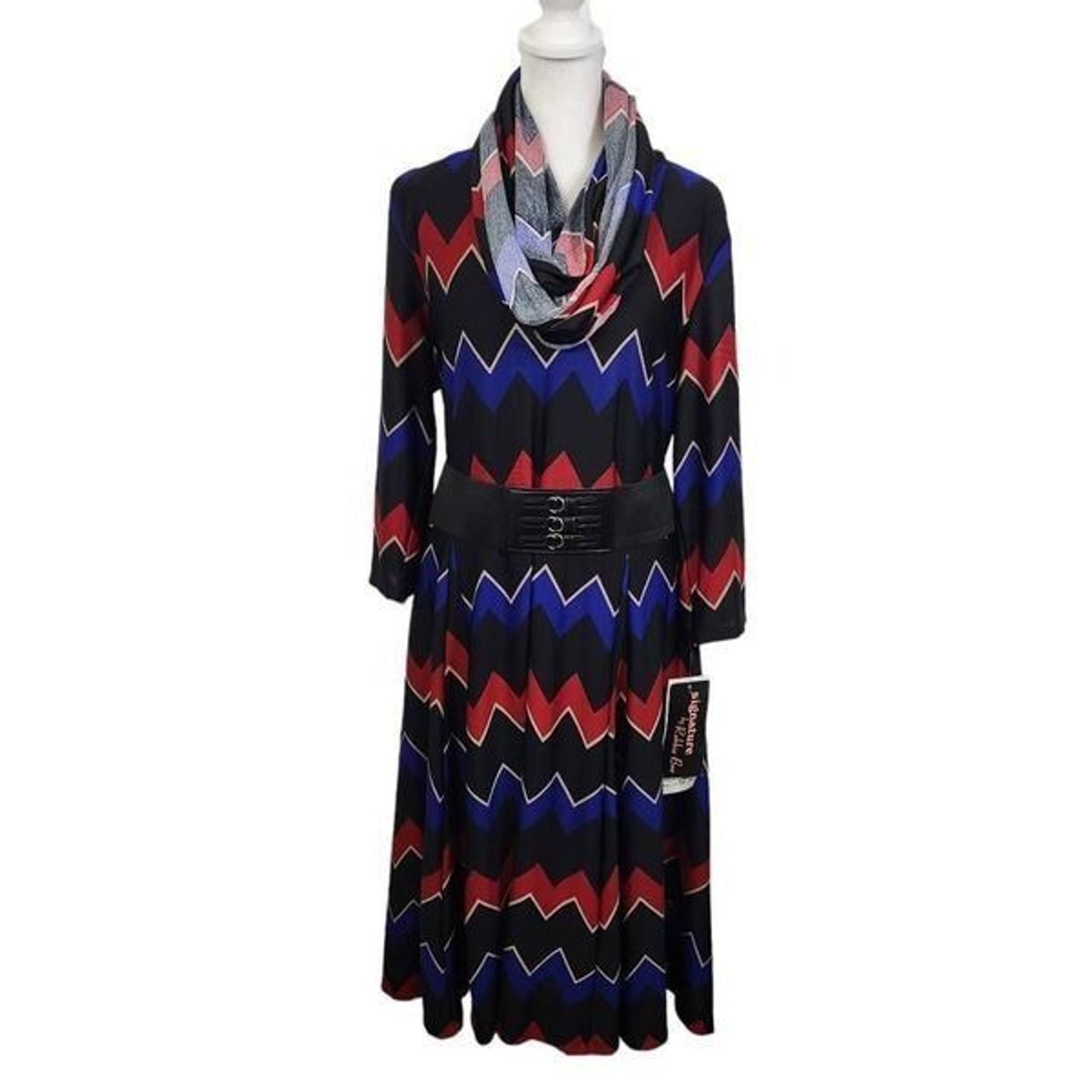 Signature by Robbie Bee Colorful Chevron Dress with Belt and Scarf NWT Size XL