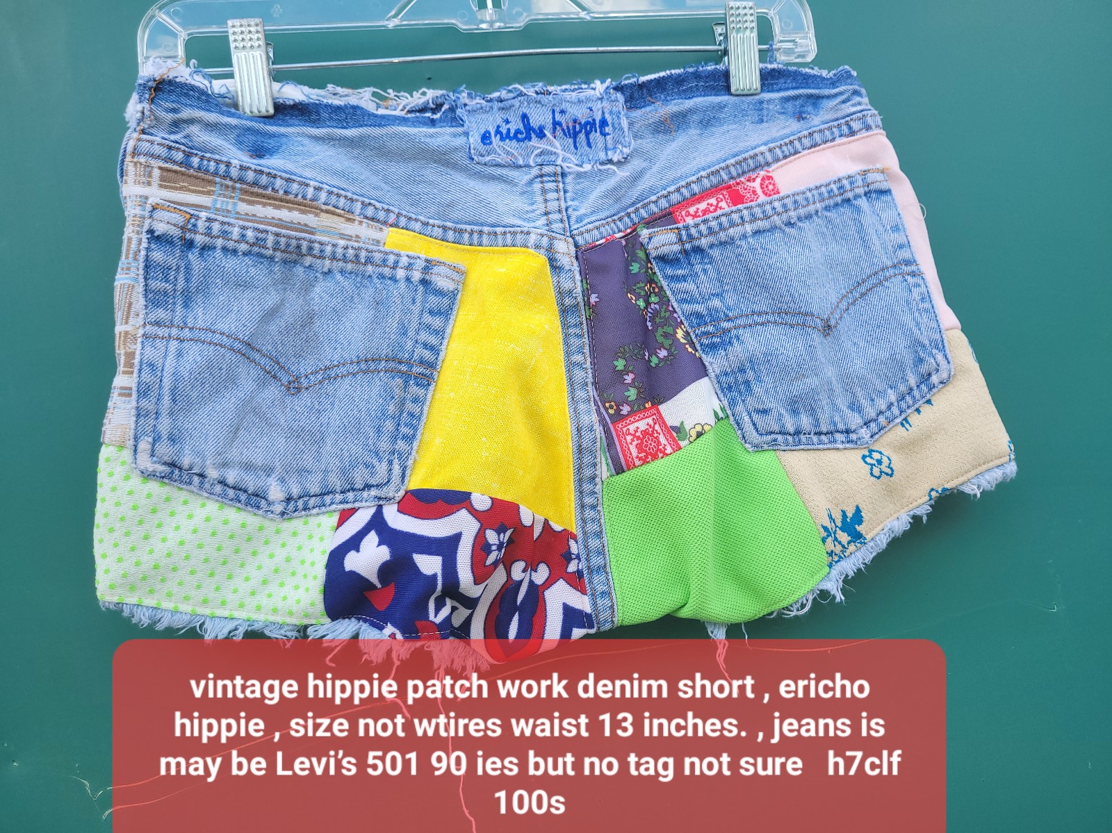 vintage hippie patch work denim short , ericho hippie , size not wtires waist 13