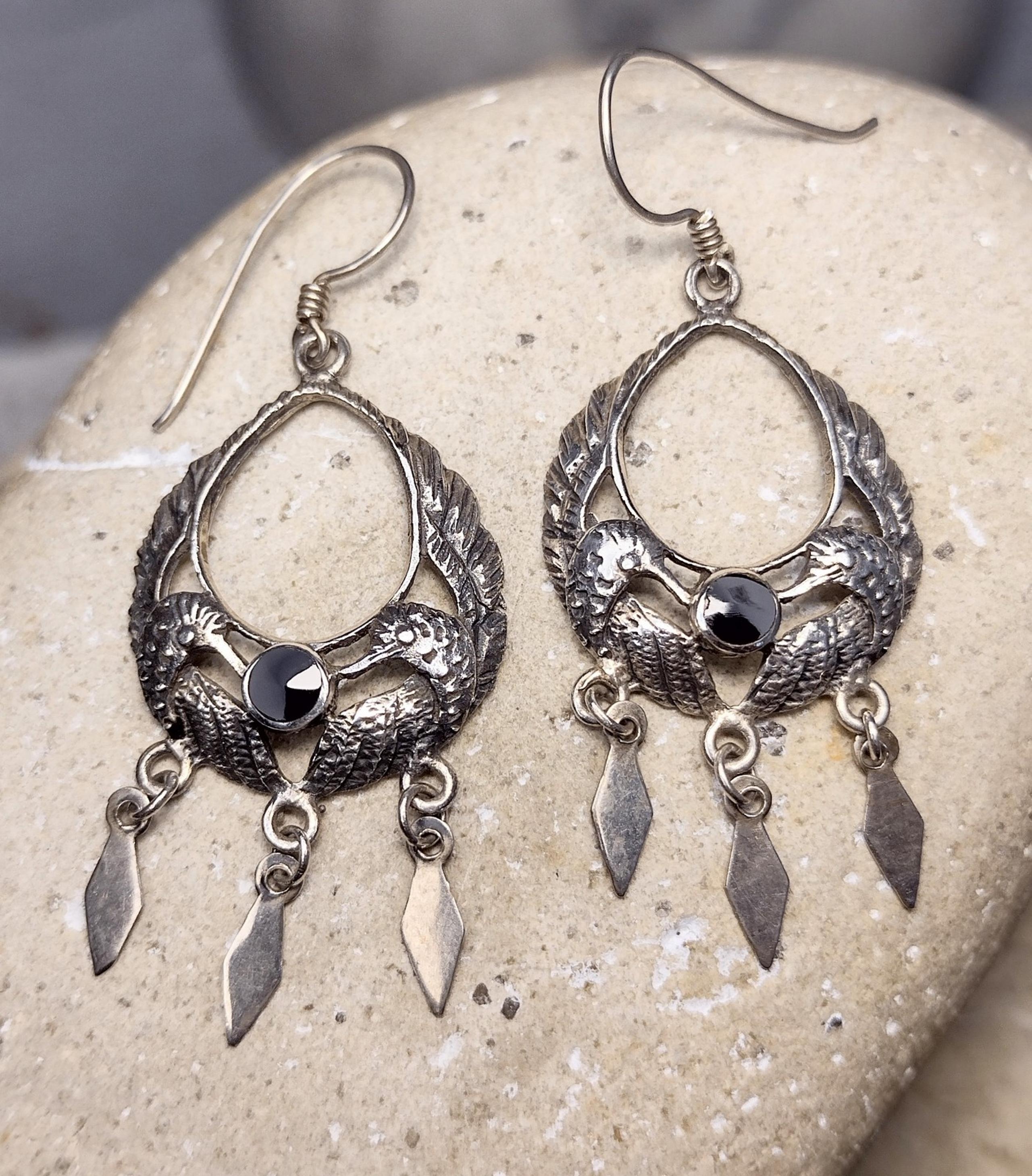925 Sterling Silver Vintage Real Black Onyx Bird Couple Oxidized Dangle Earrings
