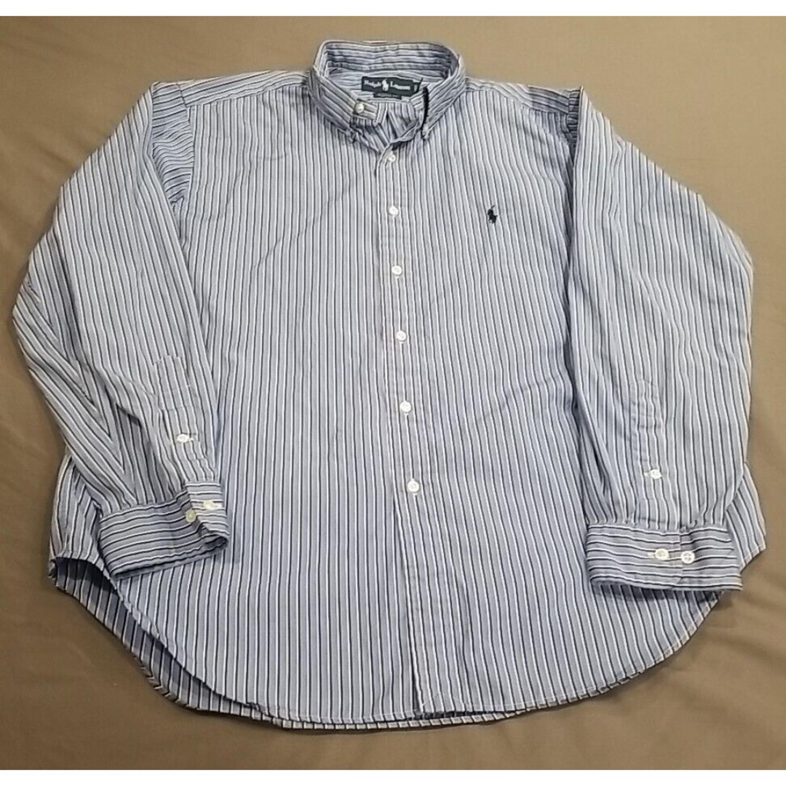 Ralph Lauren Shirt Mens 17 34/35  100% Cotton Button Up Blue Striped Preppy