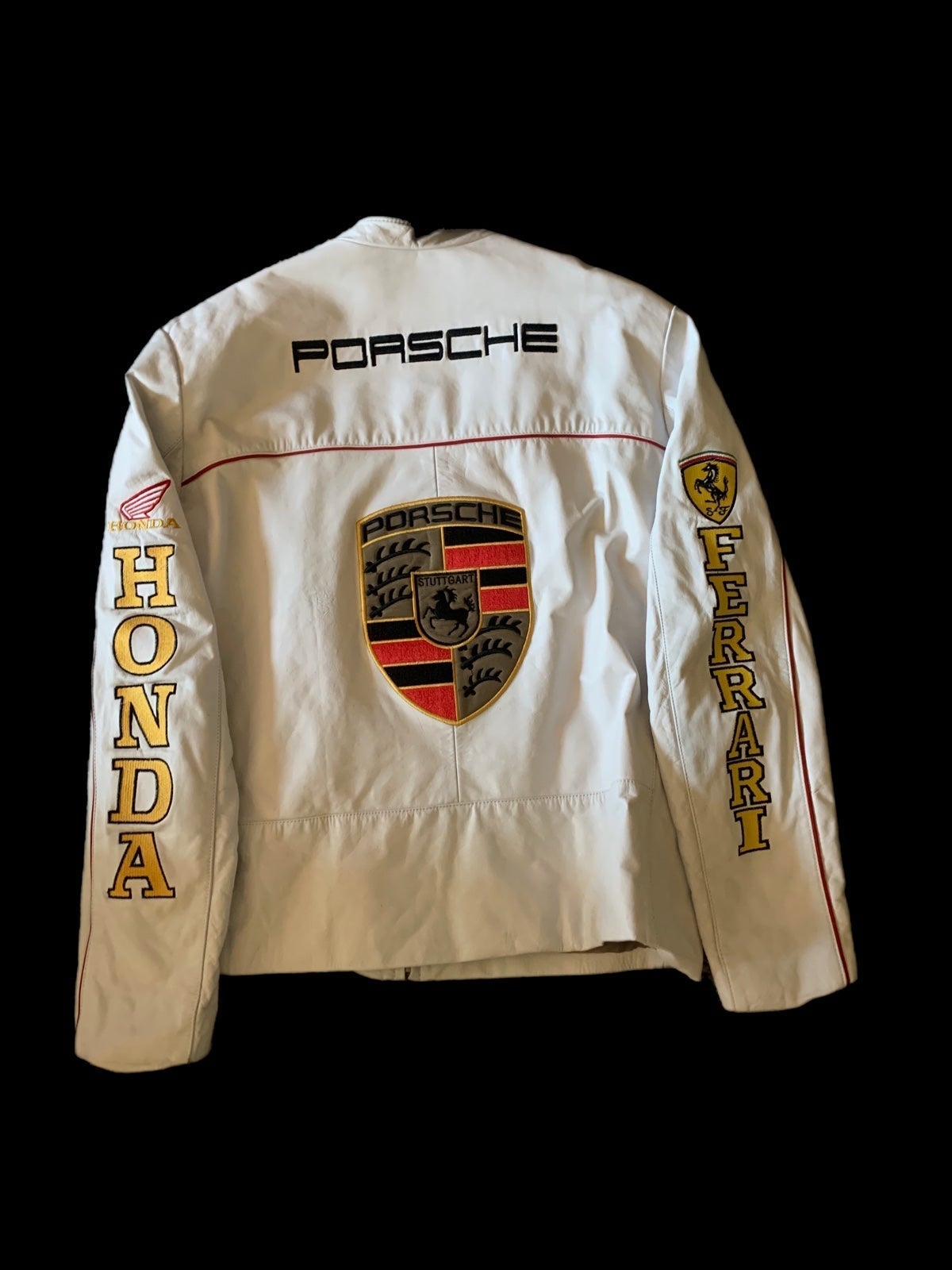 Vintage Ferrari Porsche Hond White Leather Racing Jacket