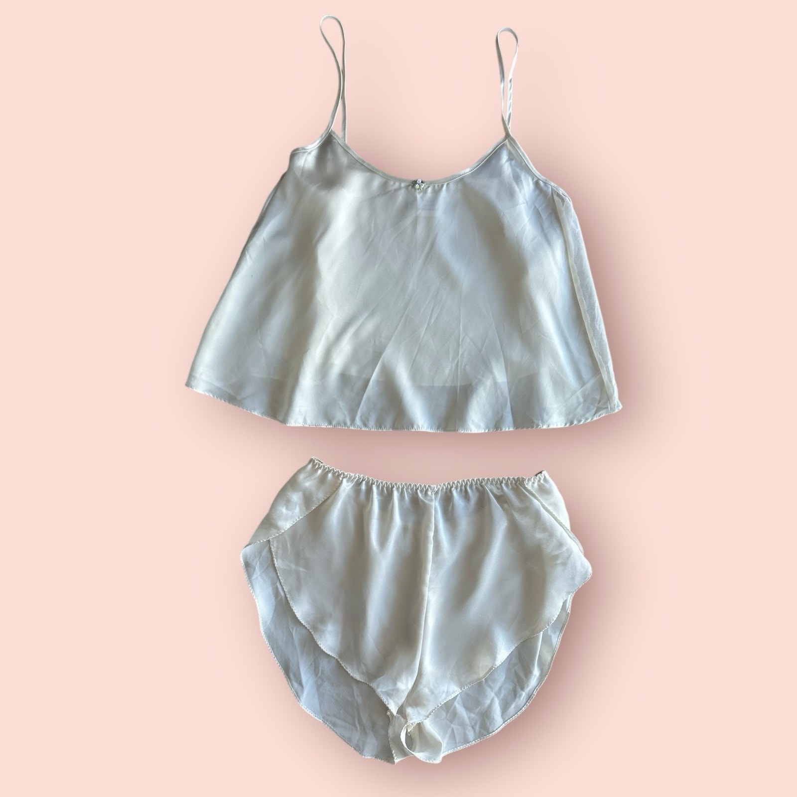 Vtg Pajama Set Satin Cream Camisole Shorts Ivory Bridal Lounge Coquette Large XL