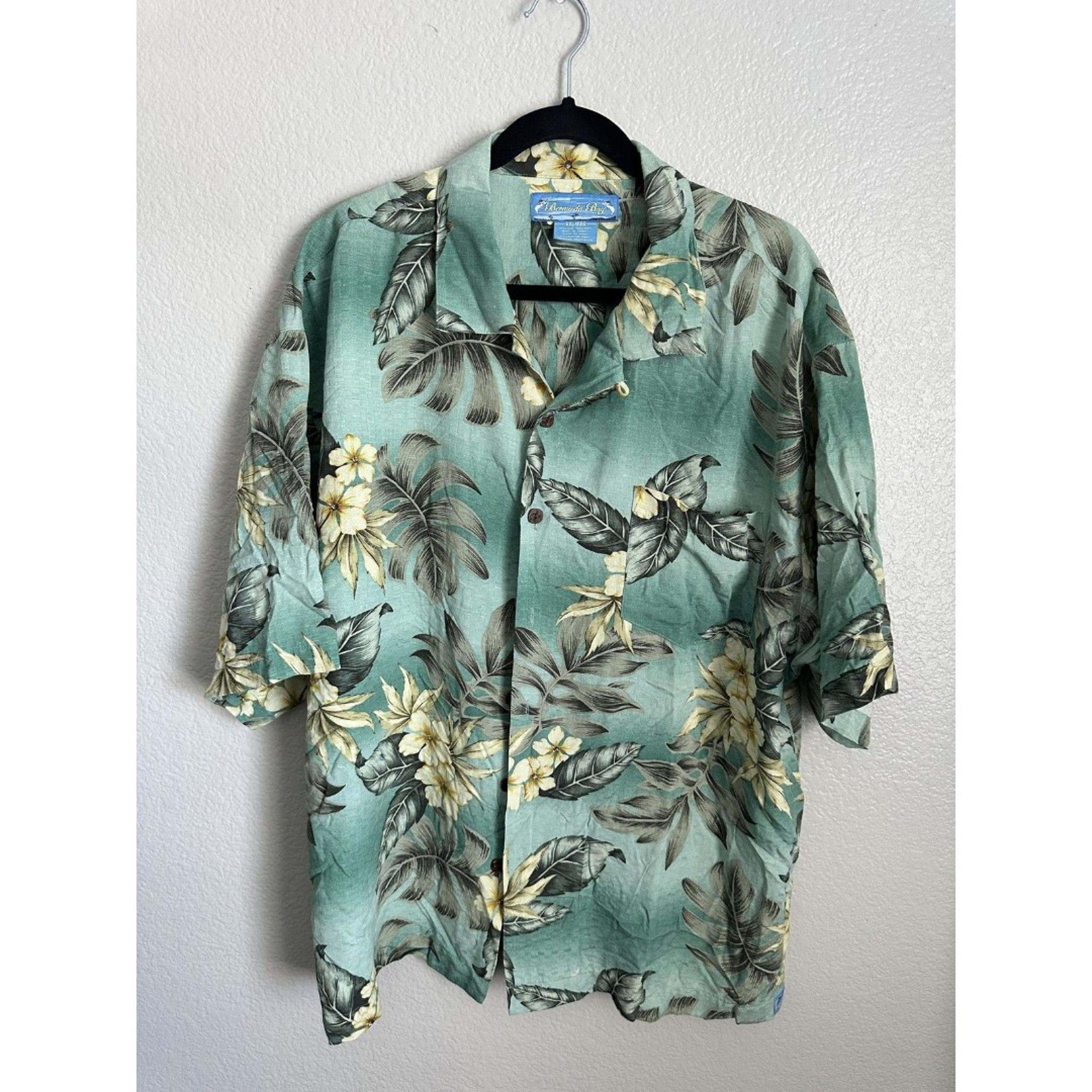 Bermuda Bay Shirt Mens 2XL Green Yellow Silk Hawaiian Floral Button Up Camp