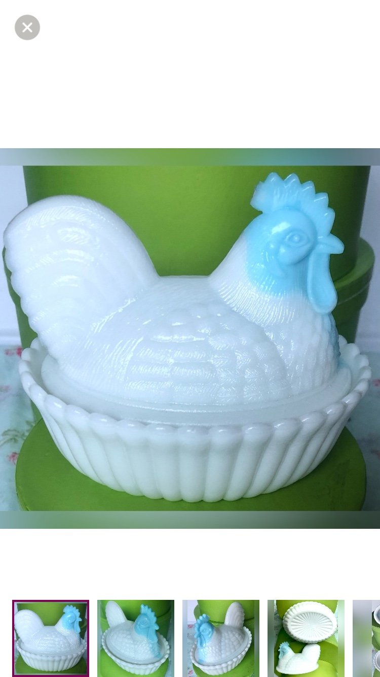 Vintage Westmoreland Style Milk Glass Hen on Nest with Blue Head