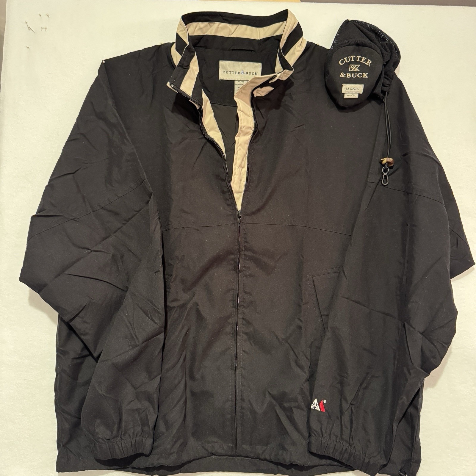 Cutter & Buck Windbreaker Jacket Zip Long Sleeve Men XL Packable Black W BAG BLK
