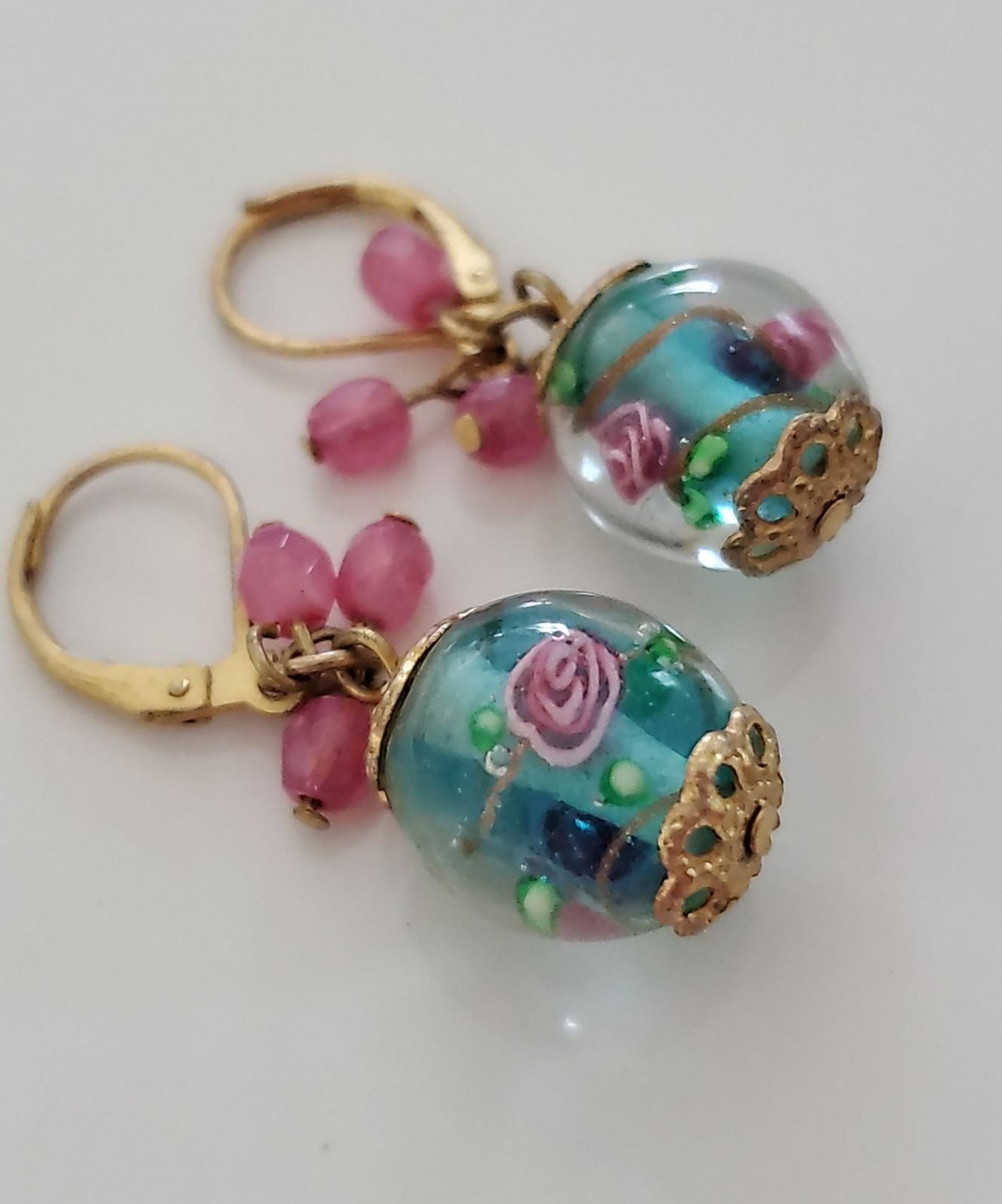Artisan Made Blue Rose Glass Earrings