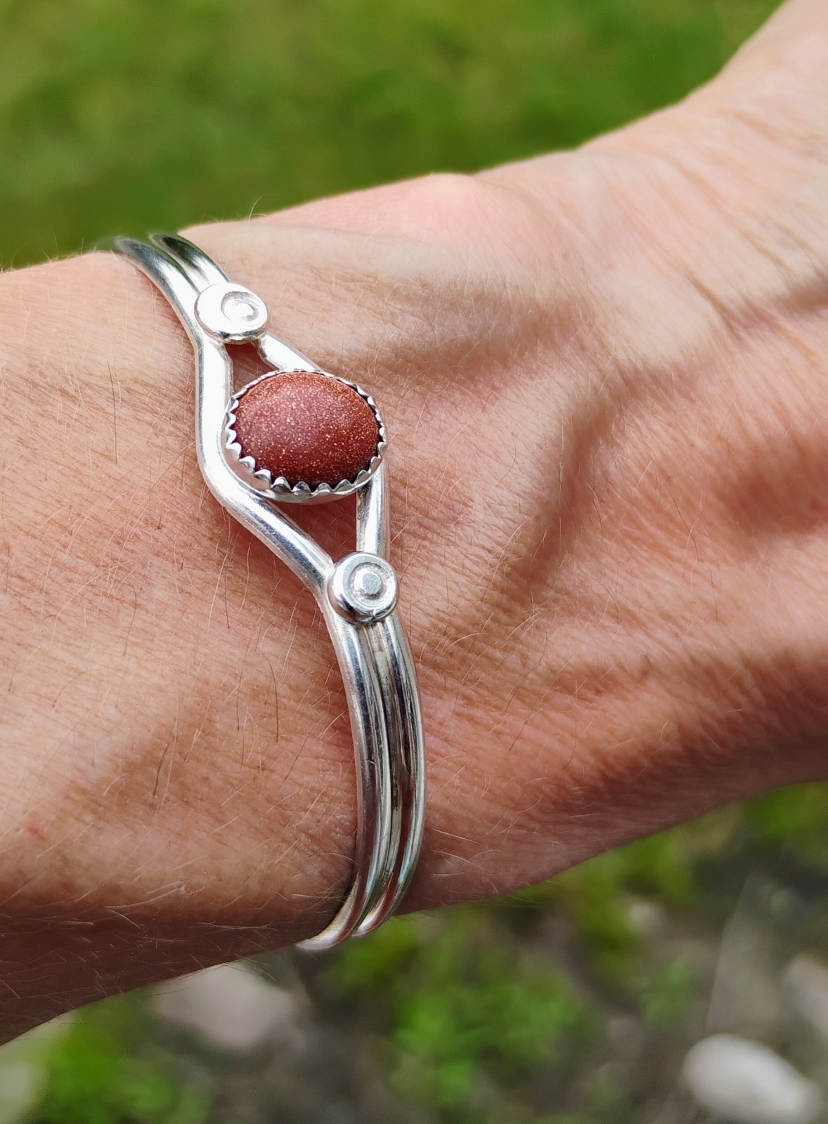 Vintage Sunstone Sterling Silver Cuff Bracelet Stamped 1970's Artisan Hand Made