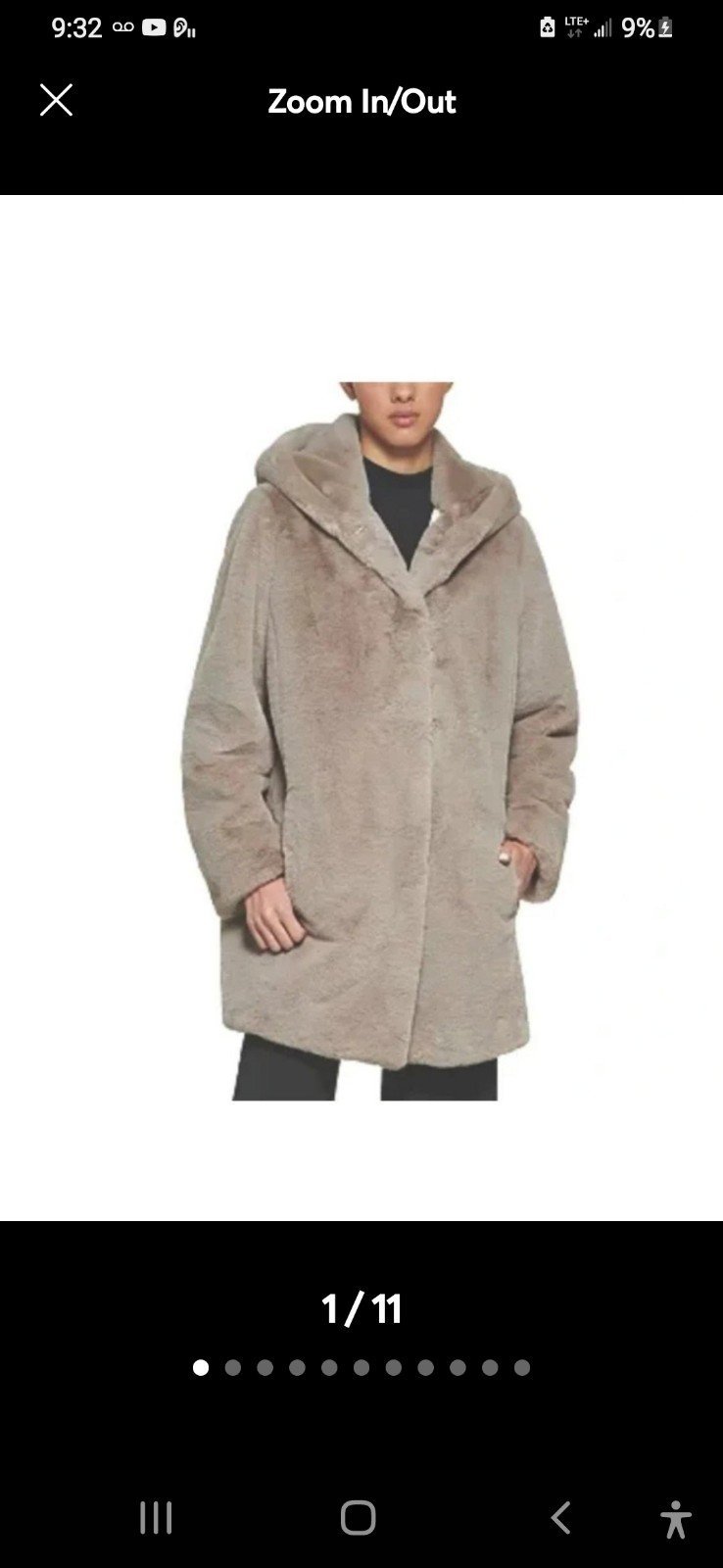 Silver faux fur DKNY coat. Med., Hood, DKNY buttons, silky polyester lining.