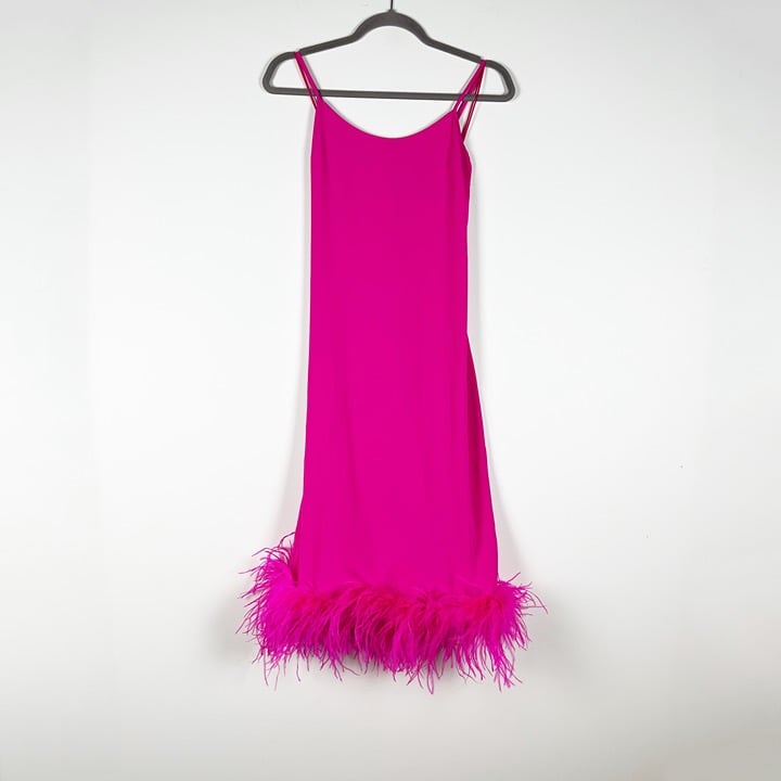 NEW Amanda Uprichard Marianna Midi Feather Trim Slip Dress Hot Pink Light XS