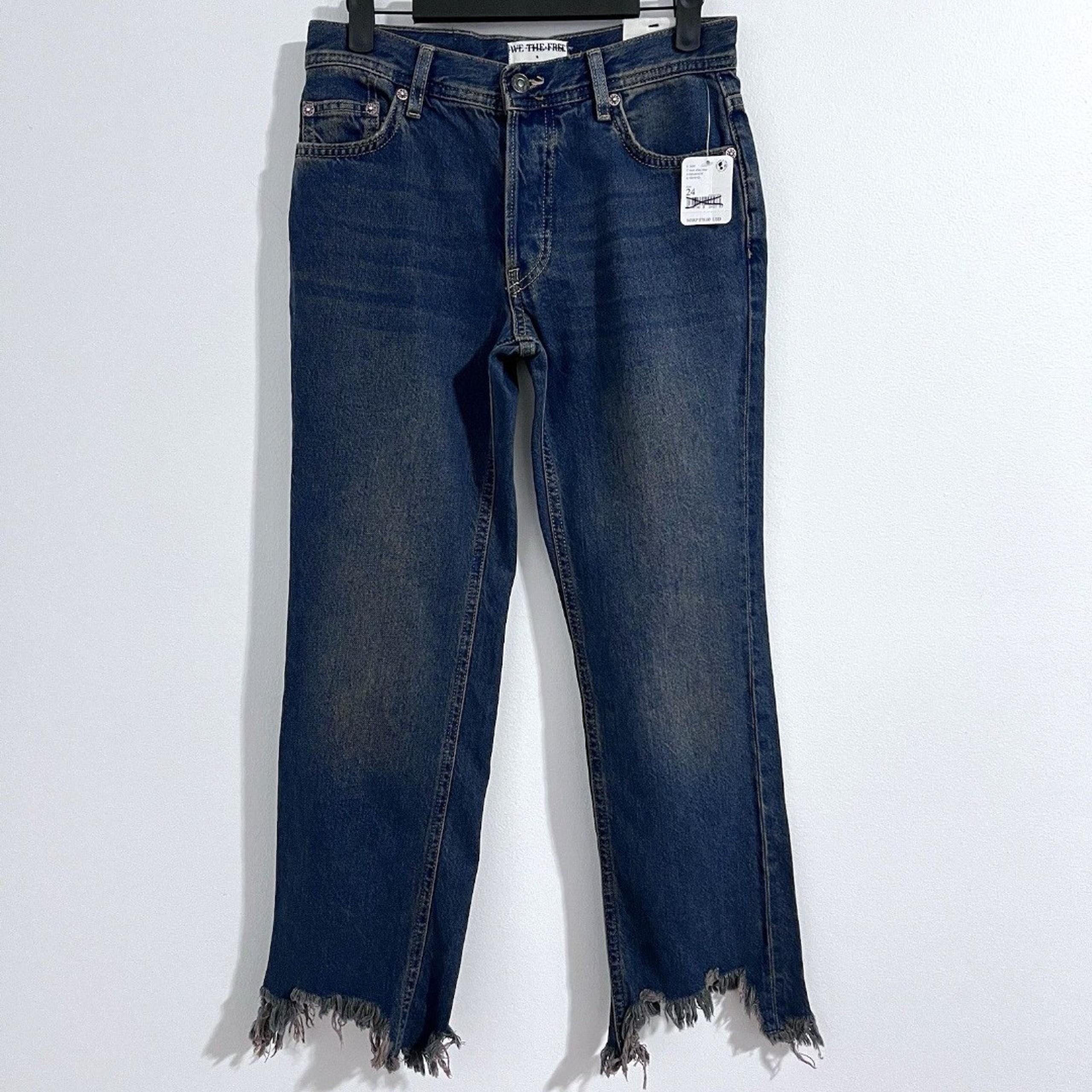 Free People Maggie Mid Rise Straight Leg Jeans Womens 24 Blue Frayed Hem Cropped