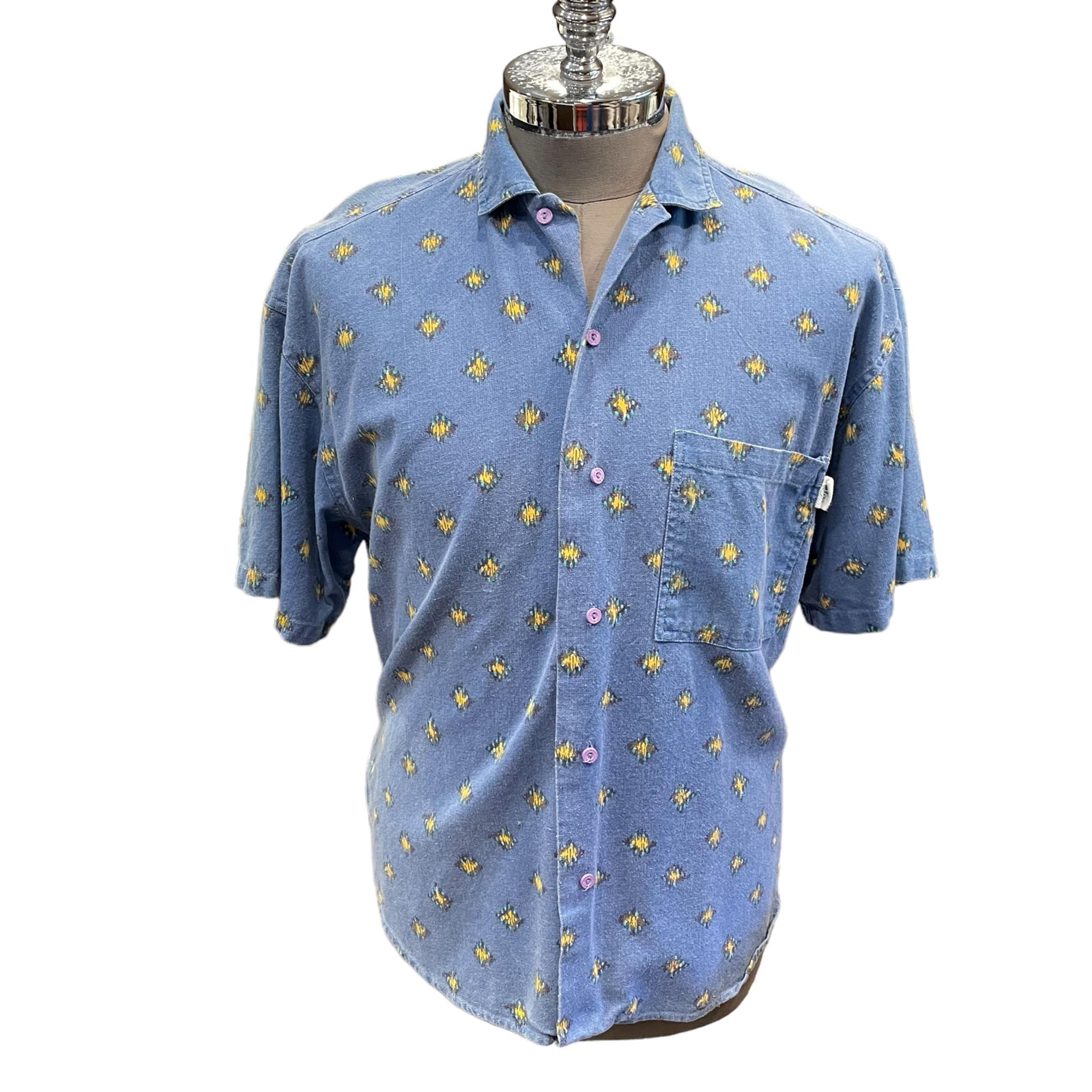 Gotcha Surf Vintage 80s 90s Button Down Blue w/Yellow Diamonds Shirt Mens Small