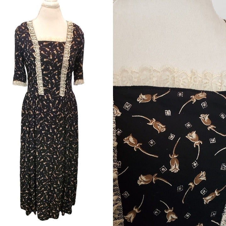 Vintage 70s 80s Black Dark Floral Prairie Dress Ruffle Lace Maxi Sz 6 8