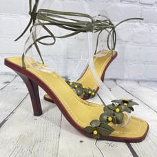 Vintage Valentino Garavani Heel Sandals Women Size 8 1/2 Floral Green Ankle Wrap