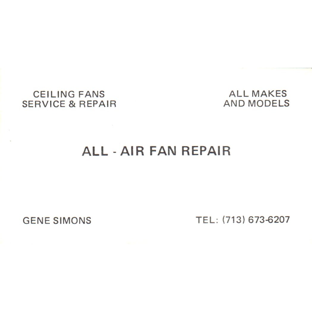 All - Air Fan Repair Gene Simons Houston TX Vintage Business Card SD4-B1