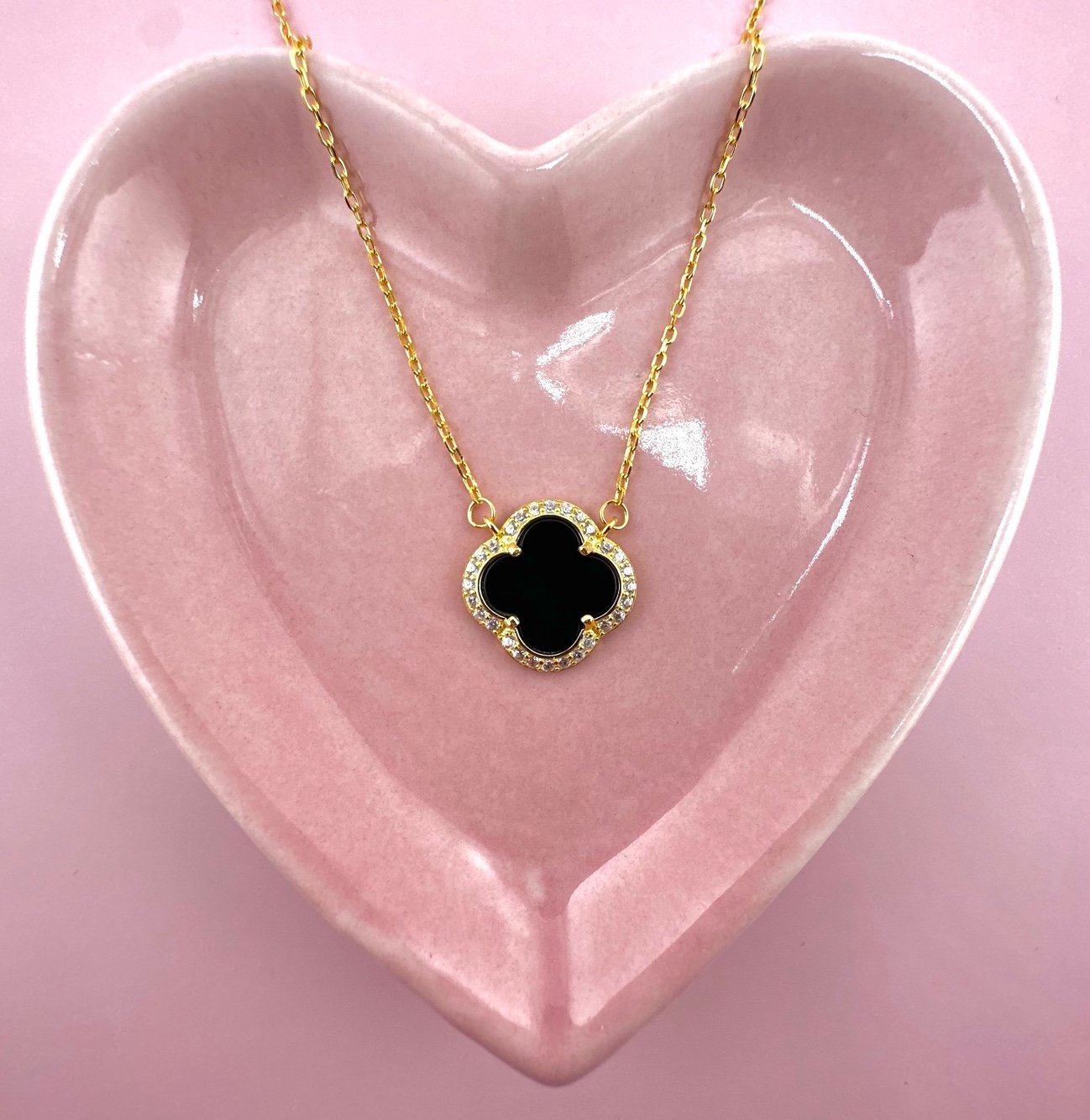 18K Gold Plated Over 925 Sterling Sterling Black 4 Leaf Clover Necklace