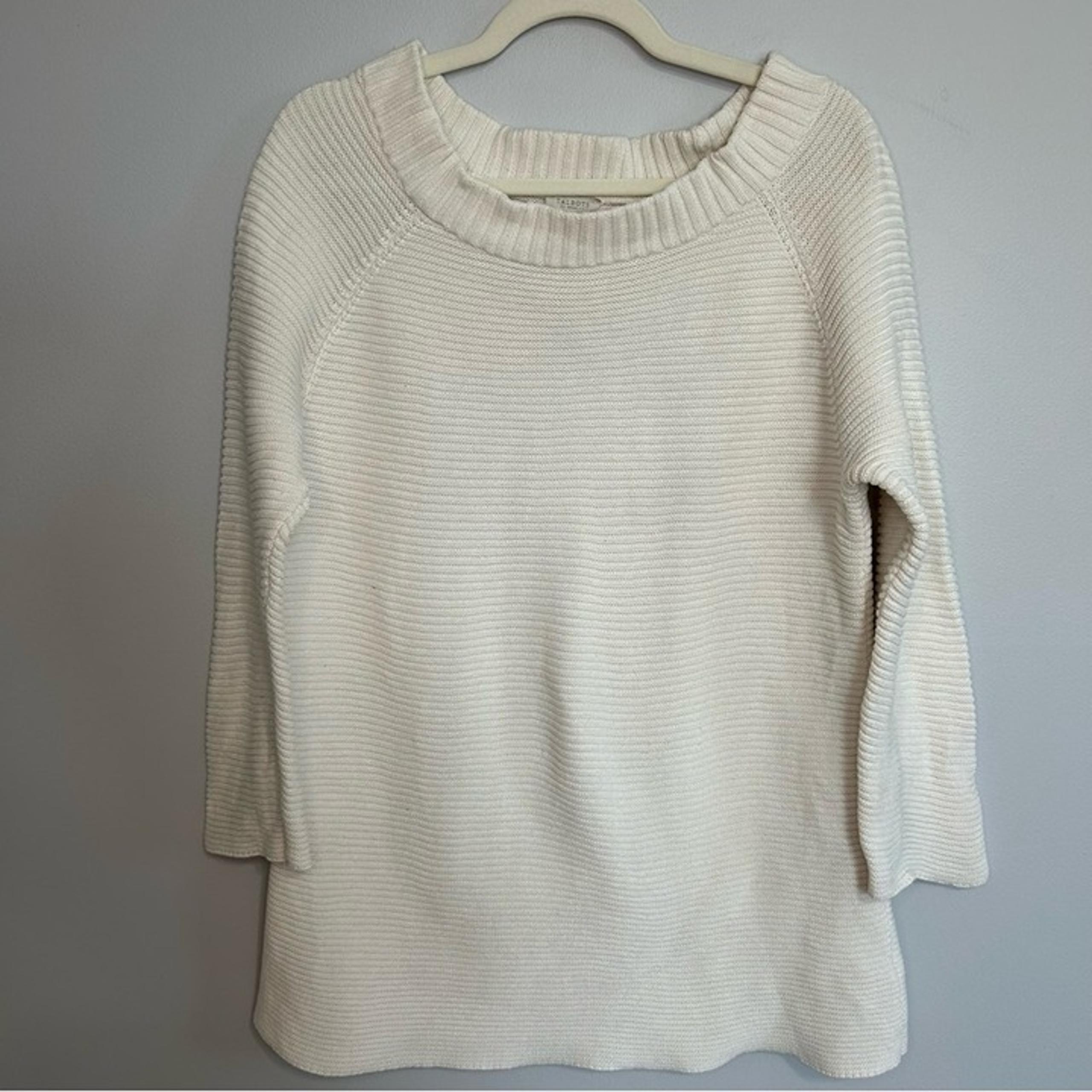 Off White Cream Ribbed Crewneck 3/4 Sleeve Sweater Women’s Size XL - Talbots