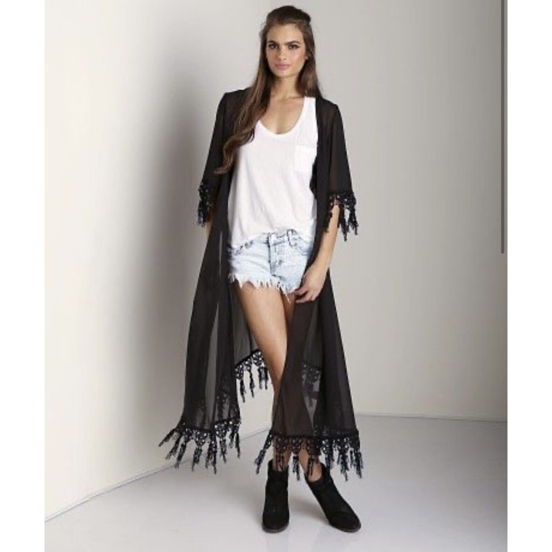 For Love & Lemons Chi Chi Kimono Sheer Black One Size OS Crochet Fringe Beach