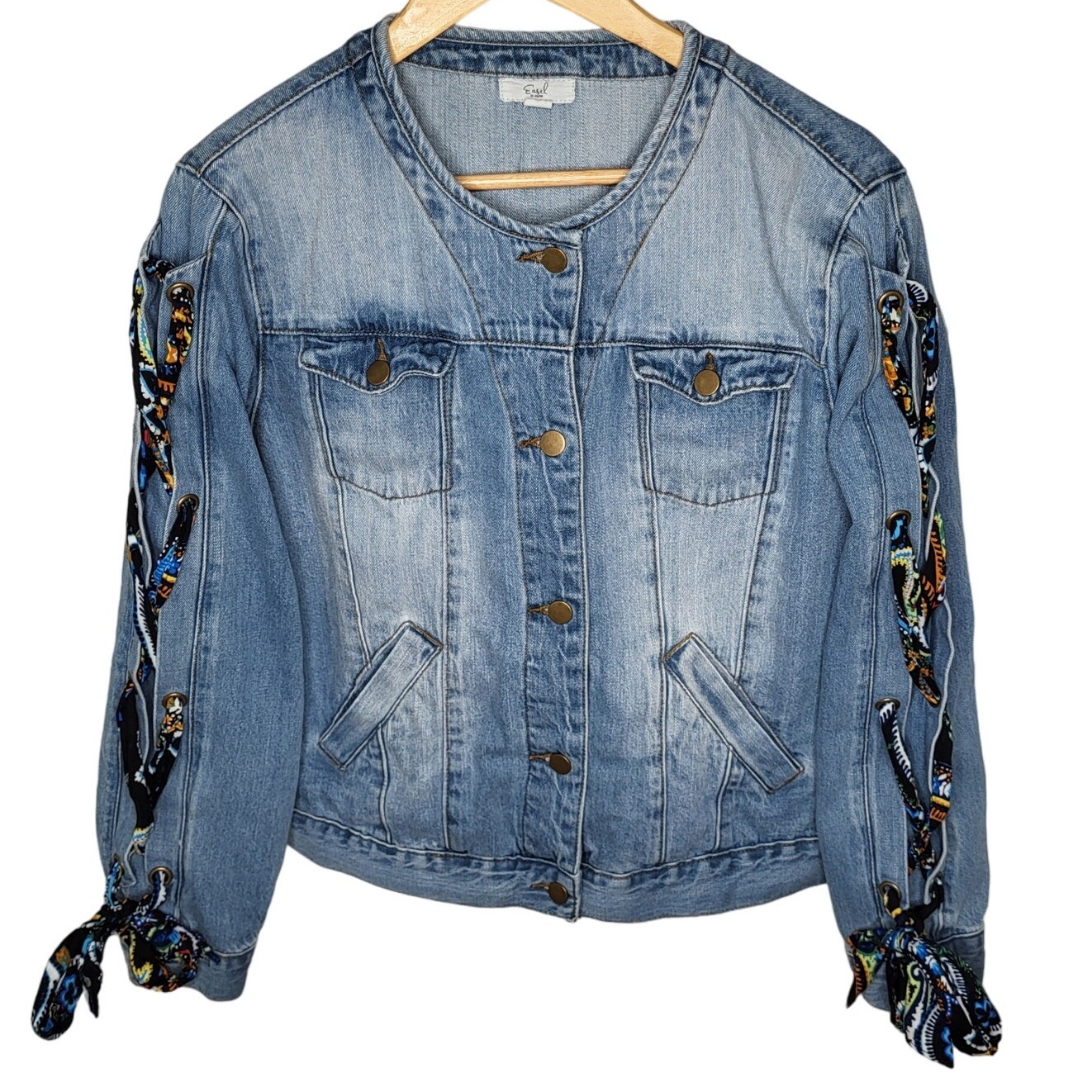 Easel Denim Jean Trucker Paisley Scarf Tie Jacket Bohemian Retro Y2K Large