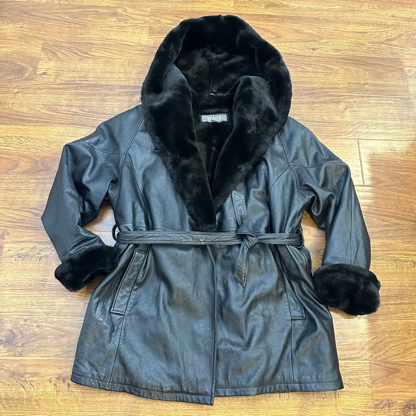 Wilsons leather fur lined parka hooded belted coat