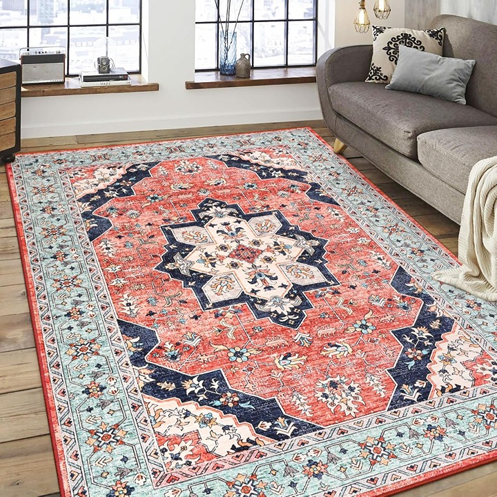 Vintage Area Rugs for Living Room, 4x6 Red Blue Floral Medallion Washable