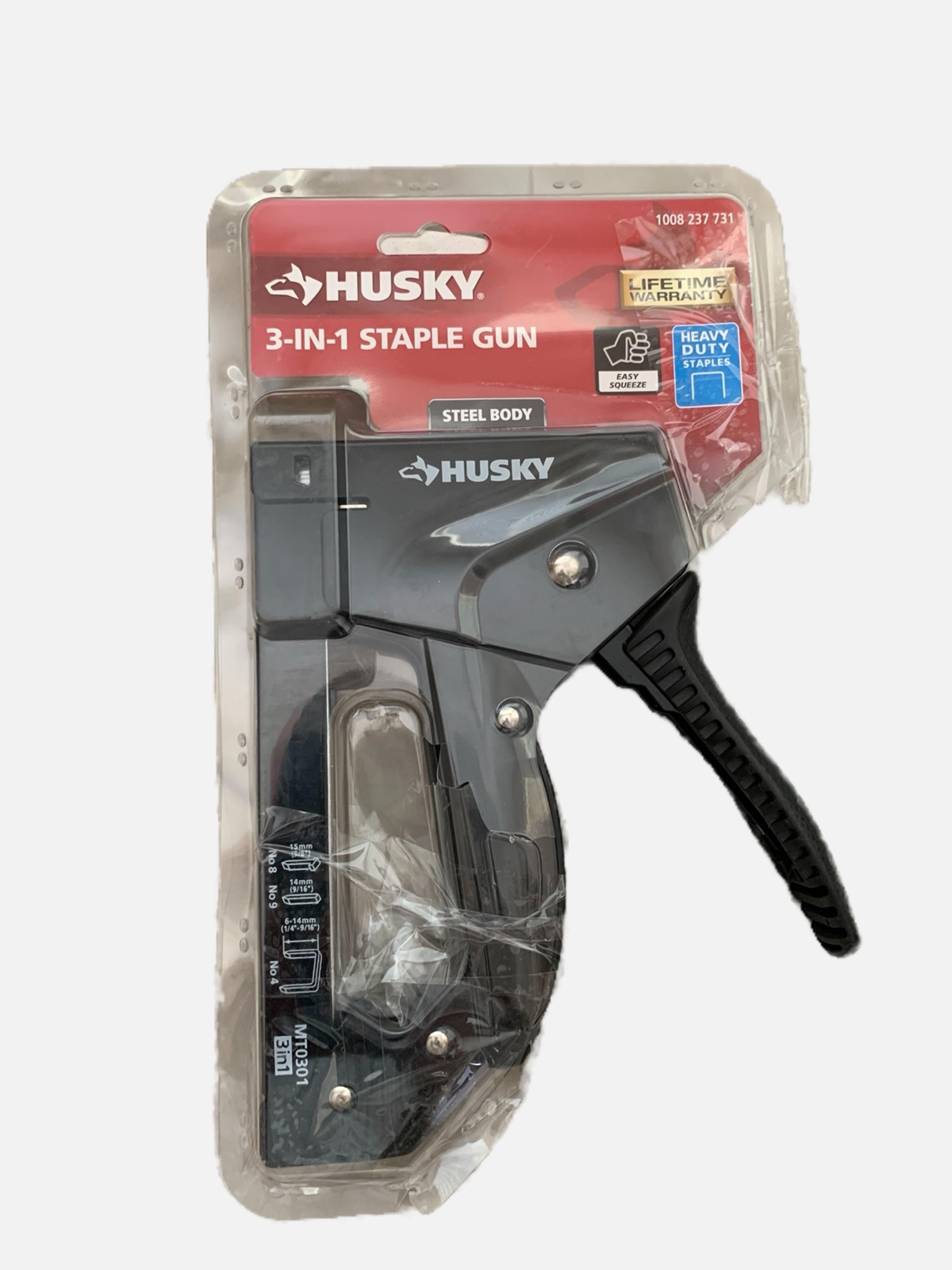 Husky 3-in-1 Staple Gun.  No Staples Included.  Steel Body & Easy Squeeze