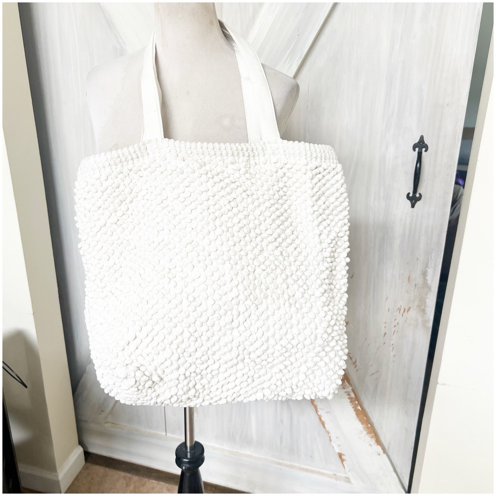 Anthropologie Raj Canvas Bag Tote Beach Ball Texture Ivory Made In India NWT