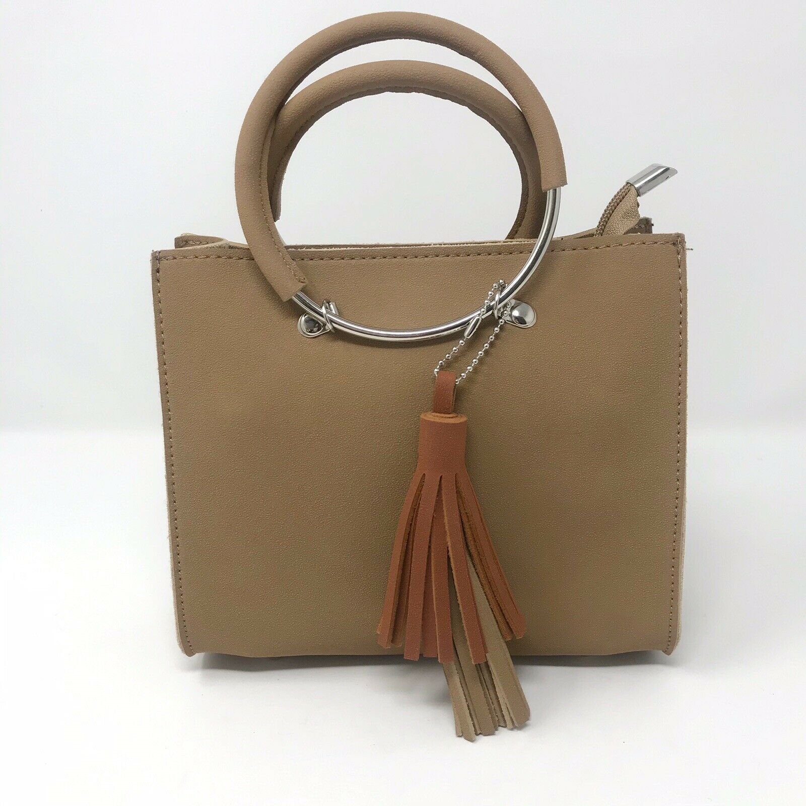 Boutique Mini Bucket Ring Handle Bag Tan Brown Fringe Tassel Boho Vegan Leather