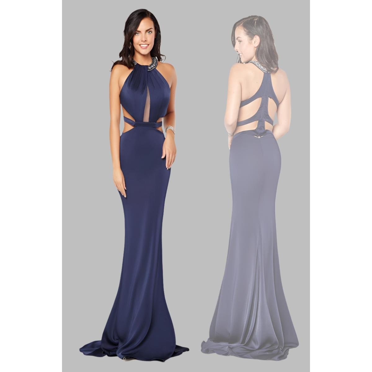 Navy Blue Halter Gown with Rhinestone Neckline & Cutout Back - prom dress