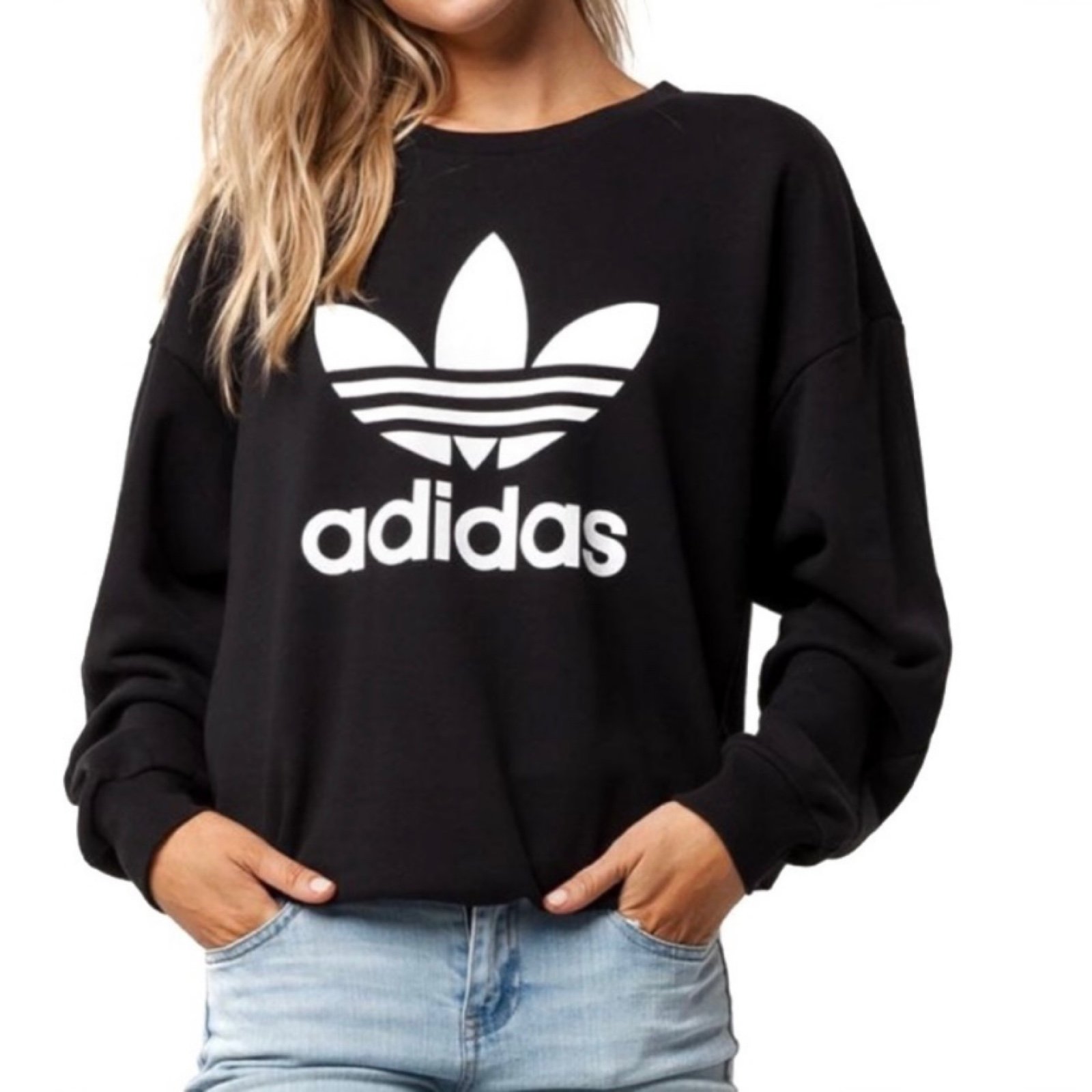 Adidas Black and White Trefoil Signature Crewneck Pullover Sweater Jacket