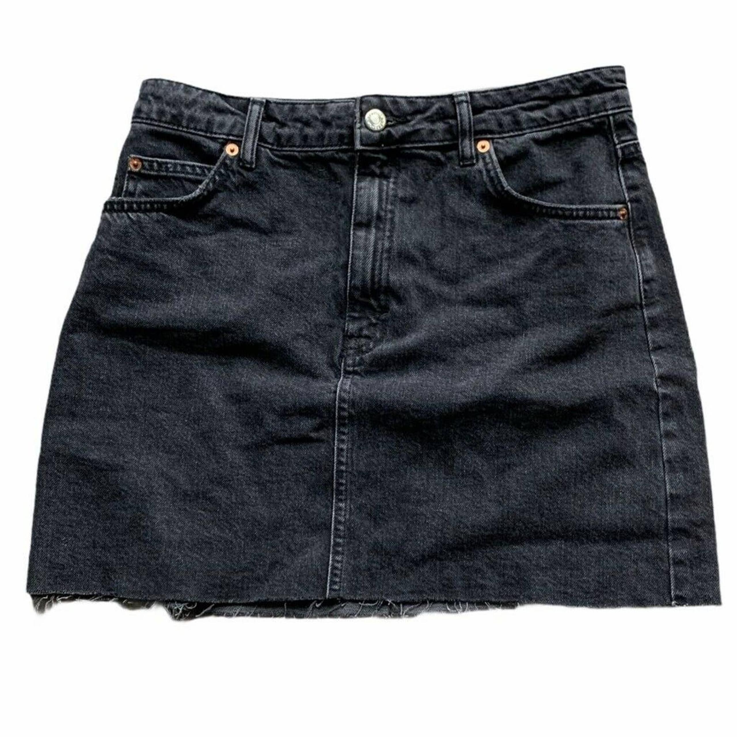 Topshop Womens Denim Pencil Skirt Black Mini 100% Cotton Pockets Frayed Zip 8