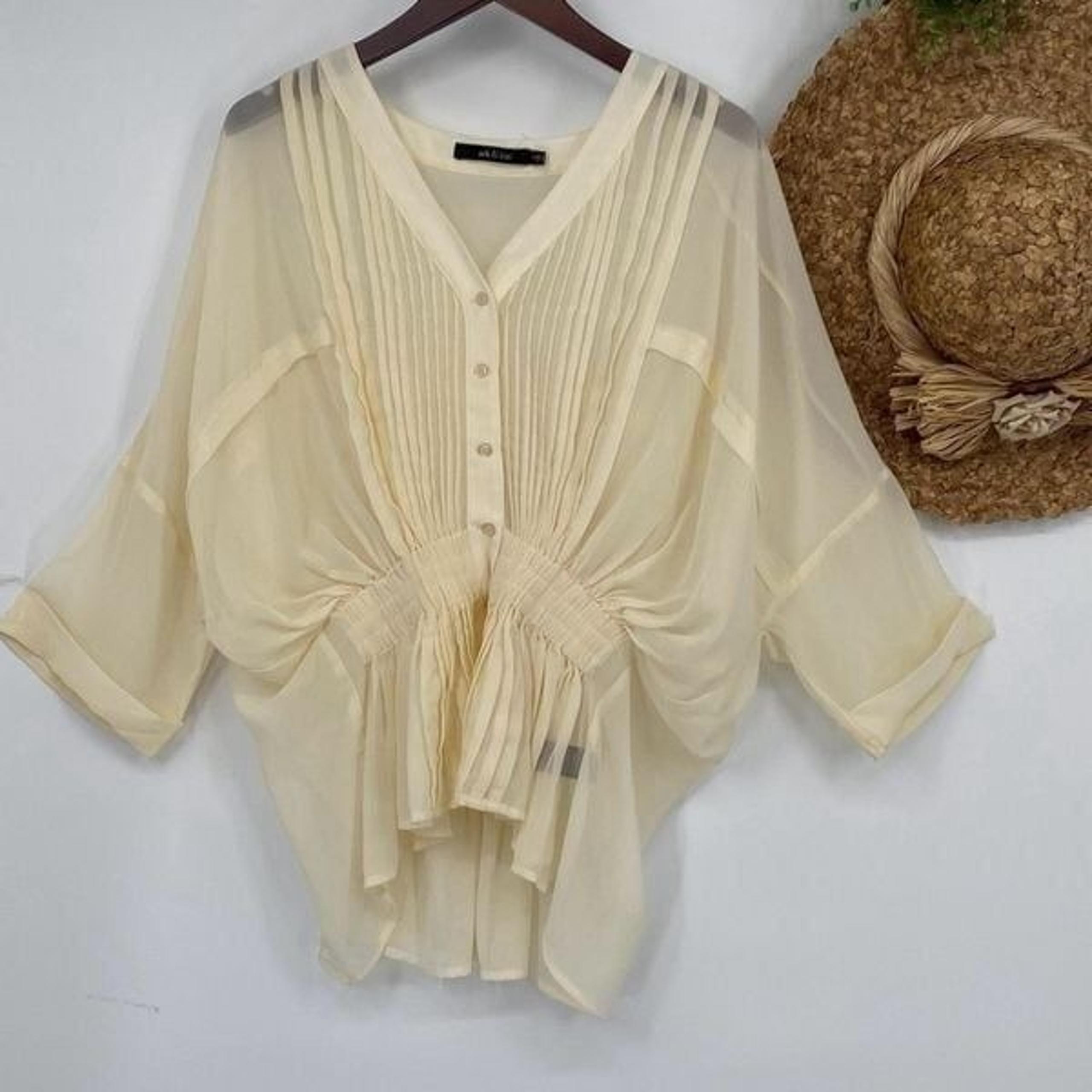 Ark & Co Chiffon Blouse Pleated Smocked Short Sleeve Button Down Dressy Cream S
