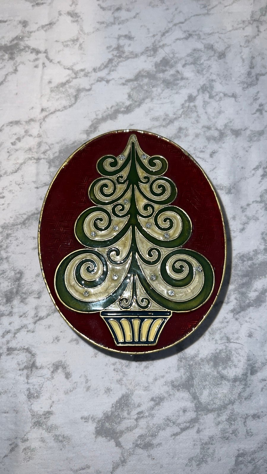 Enameled Metal Oval Jewelry Box Christmas Tree With Snow Flakes