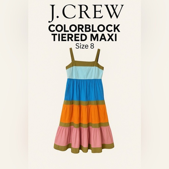J.Crew Colorblock Tiered Cotton Poplin Maxi Dress Blue Pink Orange Sz 8 Pockets