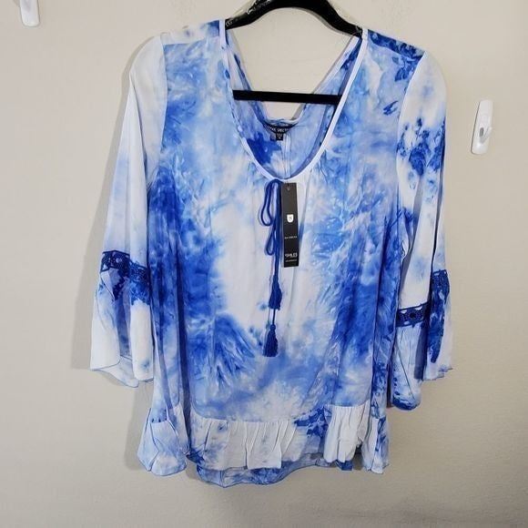 Tie Dye Crocheted Lace Bell Sleeve Tunic Plus