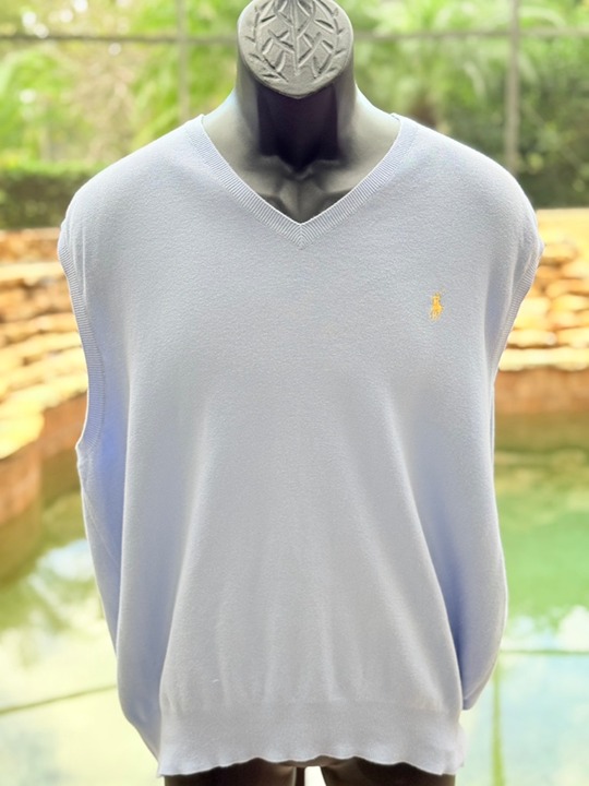 Polo Ralph Lauren Men’s Sleeveless V-Neck Sweater Vest - Light Blue Pima Cotton,