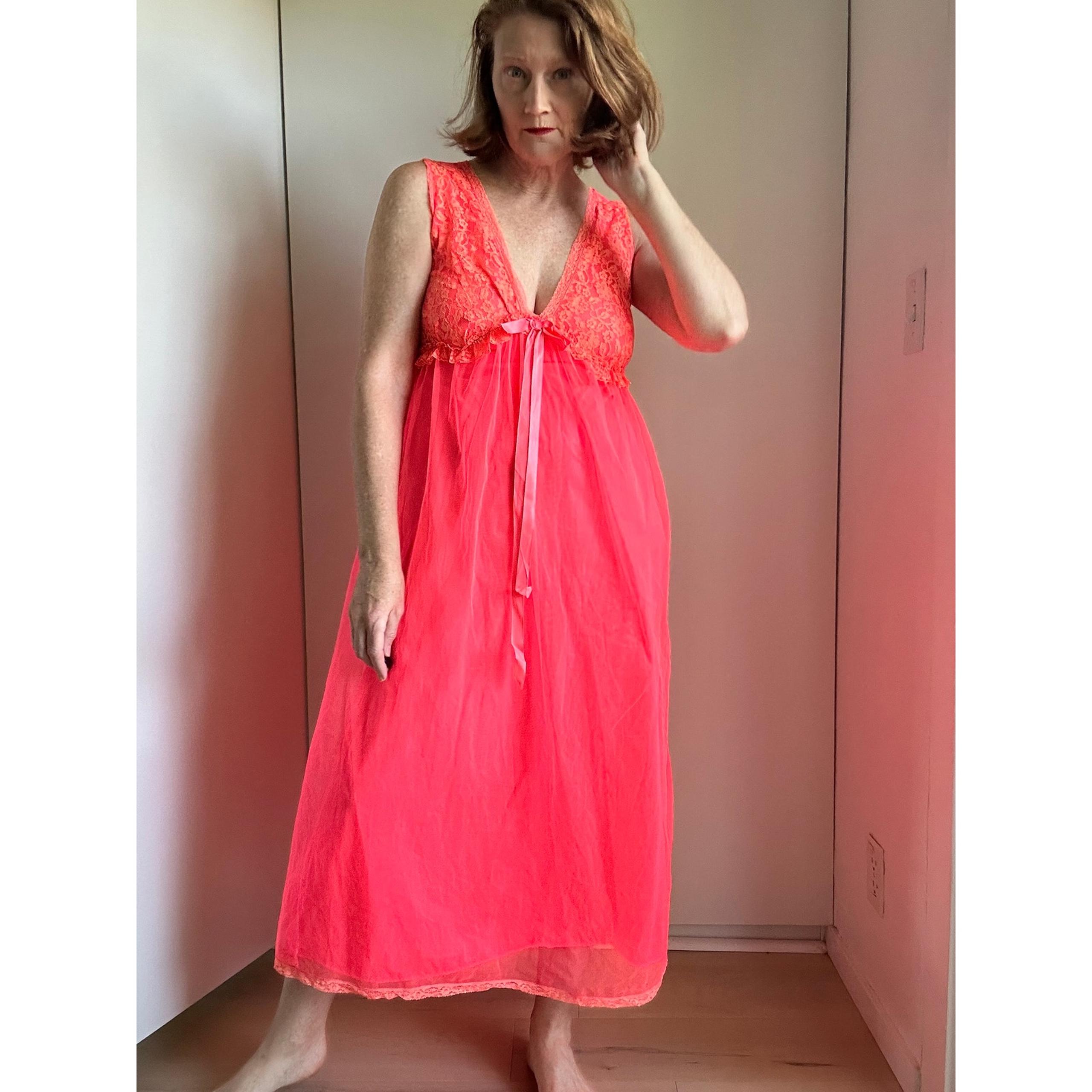 Vintage Lingerie Nightie Neon Coral Orange Lace Size M/Large Fit Bright