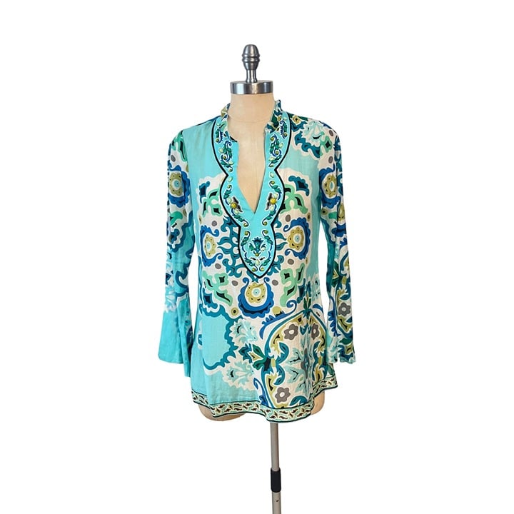 Hale Bob Cabana Jeweled Cotton Silk Swim Cover Up Tunic Small