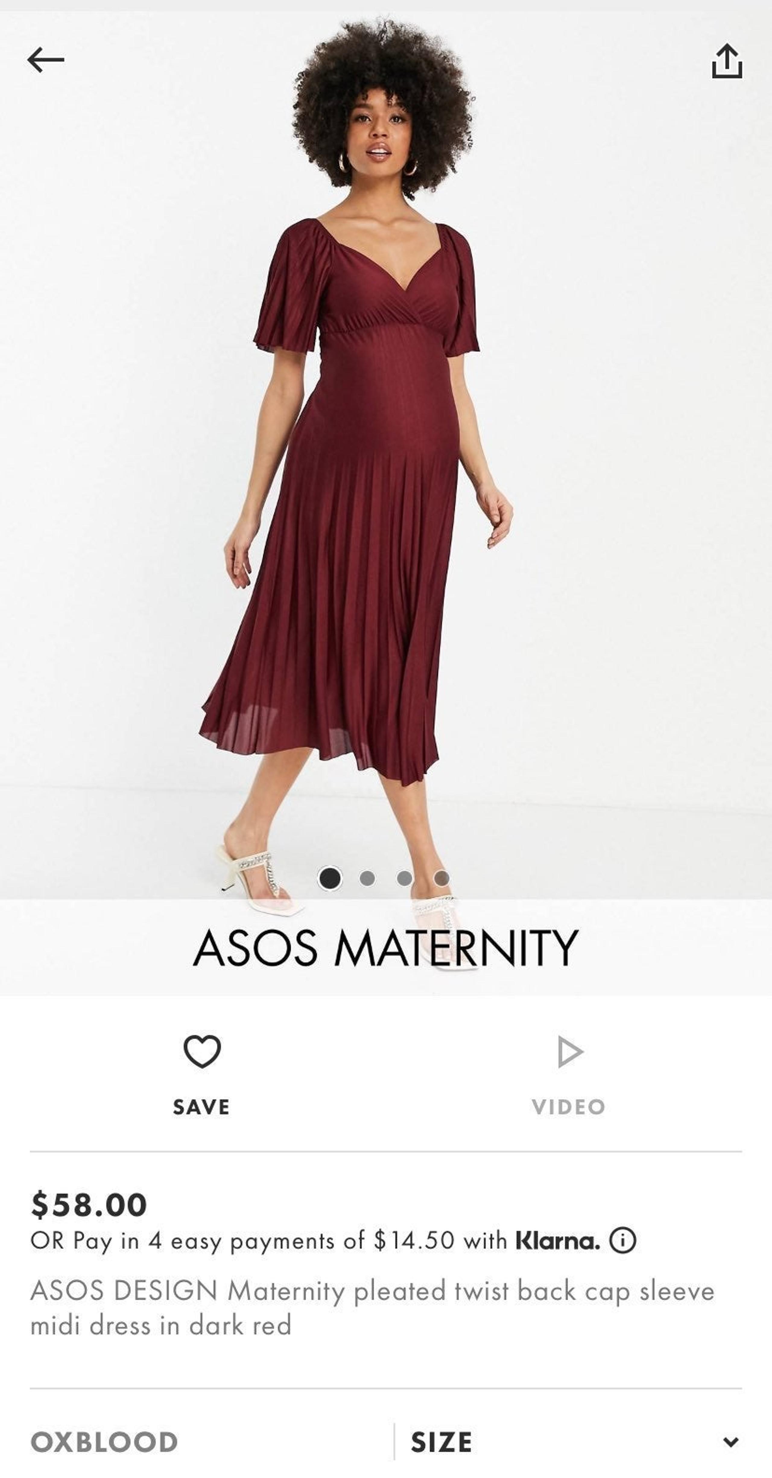 ASOS maternity Sz US 6 pleated twist back cap sleeve midi dress in dark red